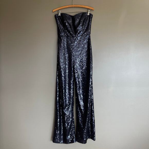 Saloni Aurelie Jumpsuit Blue Sequin Strapless Wide Leg Size 2 Sexy Chic Dressy - Picture 5 of 16
